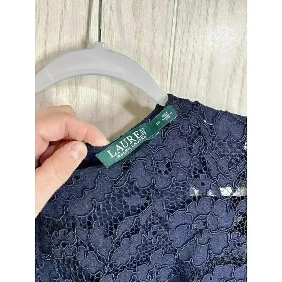 Lauren Ralph Lauren Dress Sz 10 Navy Blue Floral Lace Overlay Classic Cap Sleeve - Picture 3 of 9